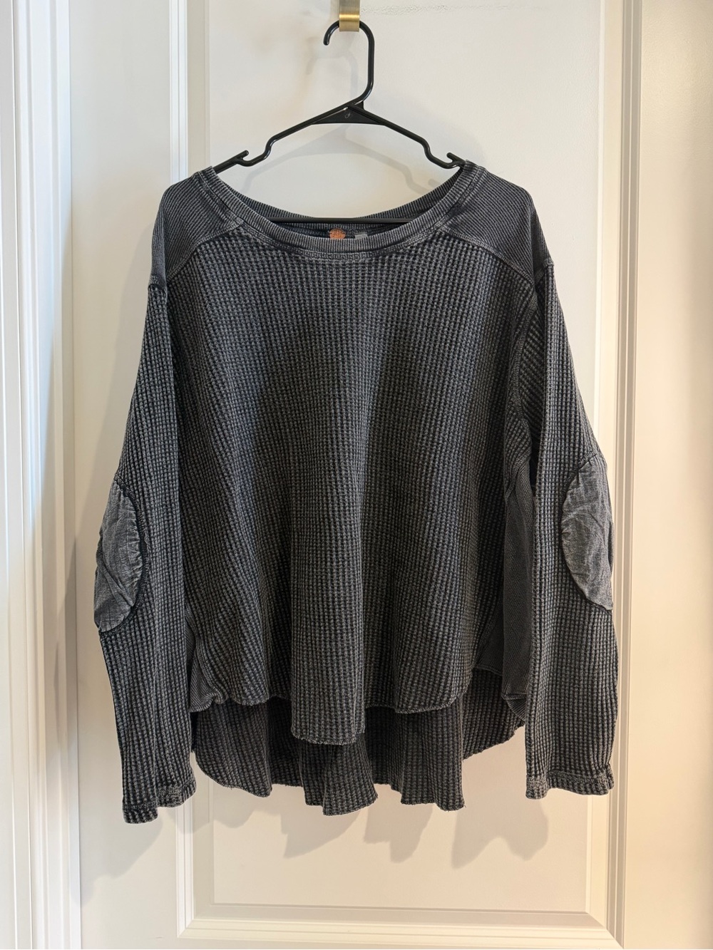 Free People Washed Charcoal Waffle Knit Crewneck Sweater